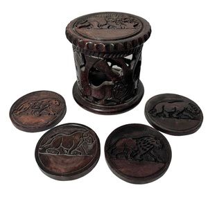 Coaster Set w/ Holder African Art Handcarved